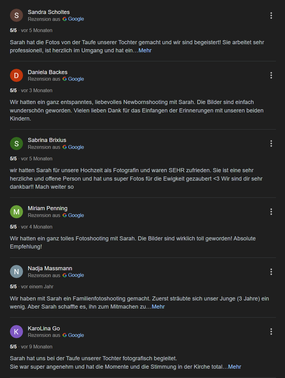 Google Rezension für Sarah Brittner Fotografie 1