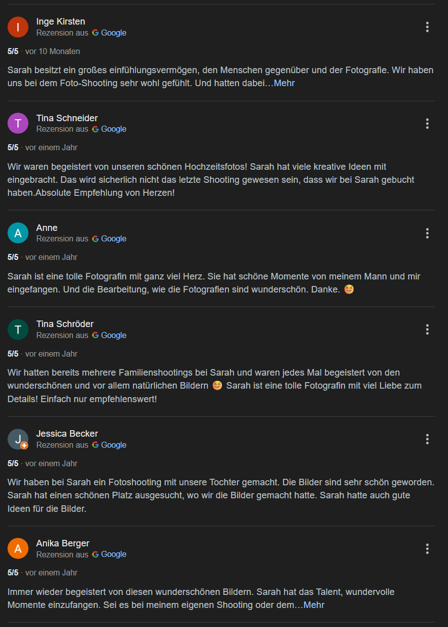Google Rezension für Sarah Brittner Fotografie 2